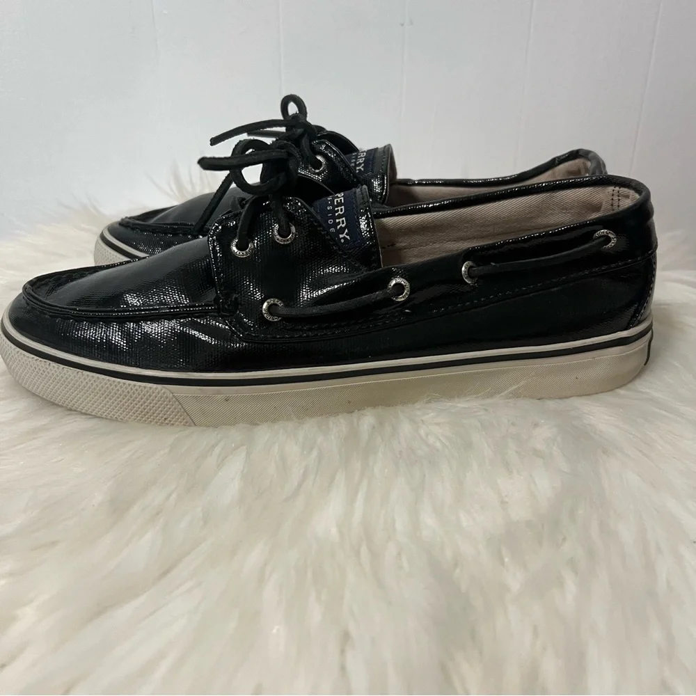 Sperry Top Siders Black Patent Glossy Boat Shoes Coastal Nautical Size 10